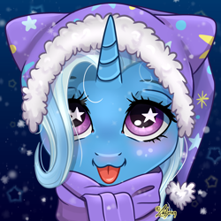 Size: 1748x1748 | Tagged: safe, artist:lailyren, trixie, pony, unicorn, g4, :3, :p, blushing, bust, clothes, commission, cute, diatrixes, female, hat, horn, looking at you, mare, portrait, scarf, smiling, smiling at you, snow, snowfall, solo, starry eyes, tongue out, wingding eyes, winter hat, ych result