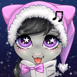 Size: 1748x1748 | Tagged: safe, artist:lailyren, octavia melody, earth pony, pony, g4, :3, :p, blushing, bust, clothes, commission, cute, female, hat, looking at you, mare, music notes, portrait, scarf, smiling, smiling at you, snow, snowfall, solo, starry eyes, tavibetes, tongue out, wingding eyes, winter hat, ych result