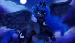 Size: 748x428 | Tagged: safe, artist:fealcity, princess luna, alicorn, pony, g4, cloud, detailed background, flying, looking up, moon, night, solo, spread wings, wings