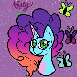 Size: 3000x3000 | Tagged: safe, artist:solardoodles, misty brightdawn, butterfly, pony, unicorn, g5, bust, gradient horn, gradient mane, horn, rebirth misty, smiling, solo