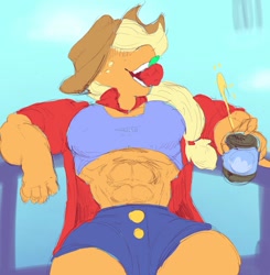 Size: 1178x1200 | Tagged: safe, artist:syrupglaze, applejack, earth pony, anthro, g4, abs, apple, applejack's hat, applejacked, clothes, cowboy hat, daisy dukes, drink, eating, female, food, hair over eyes, hat, herbivore, leaning back, midriff, muscles, shorts, sitting, soda can, solo, tank top