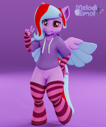 Size: 2000x2400 | Tagged: safe, artist:melodismol, oc, oc only, oc:star beats, pegasus, anthro, 3d, arm warmers, blender, blender cycles, clothes, gradient background, hairclip, hand, hand on hip, hoodie, looking at you, peace sign, simple background, smiling, socks, solo, spread wings, wings