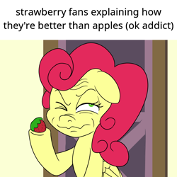 Size: 900x900 | Tagged: safe, artist:unitxxvii, strawberry sunrise, pegasus, pony, g4, bust, eating, female, floppy ears, food, herbivore, mare, meme, ponified meme, solo, strawberry, text