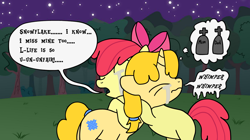 Size: 1400x786 | Tagged: safe, artist:pteroducktyle, apple bloom, oc, oc:snowflake, earth pony, pony, unicorn, g4, crying, female, filly, foal, male, mare, sad, snow, snowflake, stallion