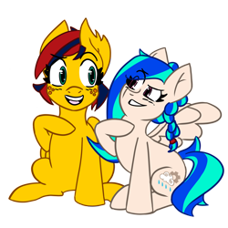 Size: 1200x1200 | Tagged: safe, artist:max rider, oc, oc only, oc:cloud burst, oc:firestorm metallic, pegasus, pony, 2024 community collab, derpibooru community collaboration, braid, digital art, duo, female, friendship, mare, pegasus oc, simple background, sitting, transparent background, wings