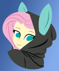 Size: 4776x5772 | Tagged: safe, artist:egor418, fluttershy, human, equestria girls, g4, absurd resolution, blue background, bunny ears, bunnyshy, clothes, costume, dangerous mission outfit, female, gradient background, hoodie, lineless, no pupils, simple background, smiling, solo