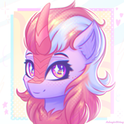 Size: 2000x2000 | Tagged: safe, artist:adagiostring, oc, oc only, kirin, abstract background, bust, commission, cute, female, headshot commission, kirin oc, looking at you, portrait, simple background, smiling, solo, sparkles