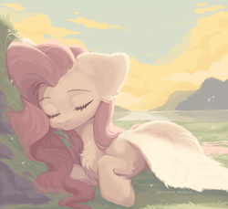 Size: 3500x3200 | Tagged: safe, artist:avroras_world, fluttershy, pegasus, pony, g4, chest fluff, cute, eyes closed, female, high res, lying down, mare, outdoors, prone, shyabetes, sleeping, solo, wings