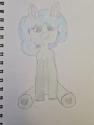 Size: 4032x3024 | Tagged: safe, artist:crystaline, derpibooru exclusive, oc, oc only, earth pony, pony, blue hair, colored, female, green coat, hooves, looking at you, photo, simple background, sitting, sketch, smiling, solo, traditional art, white background