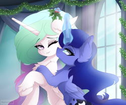 Size: 6000x5000 | Tagged: safe, artist:natanvok, princess celestia, princess luna, alicorn, pony, g4, absurd resolution, chest fluff, christmas, duo, duo female, ear fluff, eyebrows, eyebrows visible through hair, female, folded wings, glowing, glowing horn, holiday, holly, holly mistaken for mistletoe, horn, indoors, levitation, magic, magic aura, mare, one eye closed, raised hoof, royal sisters, siblings, sisters, smiling, telekinesis, window, wings, wink