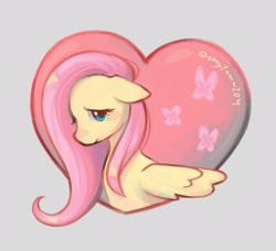 Size: 2048x1867 | Tagged: safe, artist:amytama204, fluttershy, pegasus, pony, g4, cute, female, floppy ears, gray background, heart, mare, shyabetes, simple background, solo