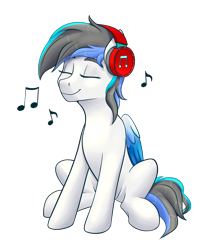 Size: 2680x3170 | Tagged: safe, artist:fluffyorbiter, oc, oc only, oc:snowy starshine, pegasus, pony, 2024 community collab, derpibooru community collaboration, eyes closed, female, folded wings, happy, headphones, listening to music, music notes, pegasus oc, simple background, sitting, smiling, solo, tail, transparent background, wings