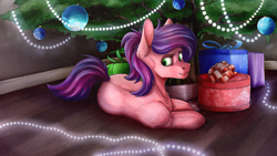 Size: 4000x2250 | Tagged: safe, artist:vepital', oc, oc only, earth pony, pony, chest fluff, christmas, christmas ornament, christmas tree, decoration, holiday, present, solo, string lights, tree