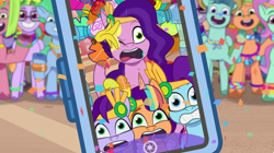 Size: 3300x1844 | Tagged: safe, screencap, galaxy star, glory (g5), grassy hills, minty skylark, peach fizz, pipp petals, seashell (g5), earth pony, pegasus, pony, unicorn, g5, heavy is the mane that wears the fruit crown, my little pony: tell your tale, spoiler:g5, spoiler:my little pony: tell your tale, spoiler:tyts02e02, banana, big eyes, camera, cellphone, female, filly, foal, food, fruit, mare, pennon (g5), phone, pippsqueak trio, pippsqueaks, selfie, smartphone, straw cup (g5)