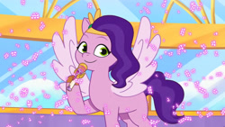 Size: 3072x1727 | Tagged: safe, screencap, pipp petals, pegasus, pony, g5, icy prints, my little pony: tell your tale, spoiler:g5, spoiler:my little pony: tell your tale, spoiler:tyts02e01, crystal brighthouse, female, mare, microphone, smiling, solo, spread wings, wings