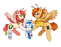 Size: 3400x2600 | Tagged: safe, artist:ju4111a, artist:moewwur, artist:yourponyfriend, oc, oc only, oc:chise, oc:svatya, oc:syrok, earth pony, pegasus, pony, 2024 community collab, derpibooru community collaboration, g4, antennae, beard, bell, bell collar, bowtie, clothes, collaboration, collar, ear fluff, ear piercing, earring, earthpony oc, facial hair, female, flying, group, hoodie, jewelry, kneesocks, looking at each other, looking at someone, looking at you, male, mare, pegasus oc, piercing, raised hoof, ribbon, simple background, smiling, smiling at each other, smiling at someone, smiling at you, sock, socks, spread wings, striped socks, transparent background, wings