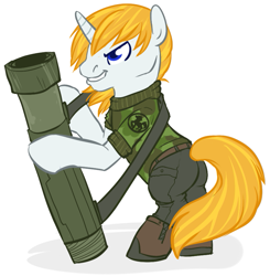 Size: 827x845 | Tagged: safe, artist:pawprintstars, oc, oc only, oc:roy calbeck, unnamed oc, pony, battletech, commission, eridani light horse, military, rocket launcher, solo, weapon
