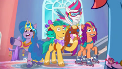 Size: 3072x1727 | Tagged: safe, screencap, hitch trailblazer, misty brightdawn, sparky sparkeroni, zipp storm, dragon, earth pony, pegasus, pony, unicorn, g5, heavy is the mane that wears the fruit crown, my little pony: tell your tale, spoiler:g5, spoiler:my little pony: tell your tale, spoiler:tyts02e02, baby, baby dragon, crystal brighthouse, eyes closed, female, flying, frown, goggles, male, mare, open mouth, open smile, papa hitch, rebirth misty, roller skates, skates, smiling, spread wings, stallion, wings