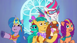 Size: 3072x1727 | Tagged: safe, screencap, hitch trailblazer, izzy moonbow, sparky sparkeroni, sunny starscout, zipp storm, dragon, earth pony, pegasus, pony, unicorn, g5, heavy is the mane that wears the fruit crown, my little pony: tell your tale, spoiler:g5, spoiler:my little pony: tell your tale, spoiler:tyts02e02, baby, baby dragon, crystal brighthouse, female, flying, frown, goggles, male, mare, open mouth, papa hitch, spread wings, stallion, wings