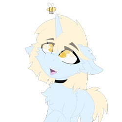 Size: 4096x4096 | Tagged: safe, artist:kotwitz, artist:vinyvitz, derpibooru exclusive, oc, oc only, oc:aria taitava, bee, insect, unicorn, cheek fluff, chest fluff, choker, ear fluff, eye clipping through hair, eyebrows, floppy ears, fluffy, fur, happy, looking up, open mouth, raised eyebrow, raised hoof, short hair, short tail, simple background, smiling, solo, standing, tail, teeth, torn ear, transparent background