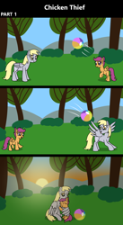 Size: 1920x3516 | Tagged: safe, artist:platinumdrop, derpy hooves, scootaloo, pegasus, pony, comic:chicken thief, g4, 3 panel comic, ball, blank flank, cloud, comic, commission, cute, cutealoo, derpabetes, duo, duo female, eyes closed, female, filly, foal, folded wings, grass, happy, hug, mare, nuzzling, open mouth, open smile, outdoors, playing, sitting, sky, smiling, spread wings, sun, sunset, tree, wholesome, winghug, wings