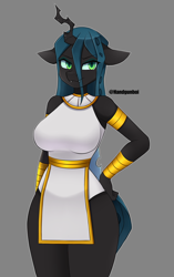 Size: 1266x2012 | Tagged: safe, artist:handgunboi, queen chrysalis, changeling, changeling queen, anthro, g4, clothes, dress, egyptian, female, solo