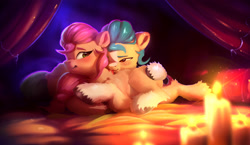 Size: 3656x2127 | Tagged: safe, alternate version, artist:itssim, hitch trailblazer, sunny starscout, earth pony, pony, g5, blushing, candle, colored eyebrows, duo, duo male and female, eyebrows, female, fluffy, high res, licking, lying down, male, mare, ship:starblazer, shipping, stallion, straight, tongue out, unshorn fetlocks