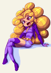 Size: 2943x4201 | Tagged: safe, artist:shadowhawx, adagio dazzle, human, equestria girls, g4, big eyes, big hair, blonde, blonde hair, boots, clothes, crossed legs, curly hair, disguise, disguised siren, ear piercing, earring, eyelashes, fingerless gloves, gloves, hand on chest, high heel boots, jacket, jewelry, open mouth, piercing, shoes, shorts, sitting, skinny, solo, thigh boots, thin