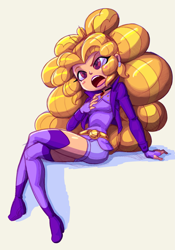 Size: 2943x4201 | Tagged: safe, artist:shadowhawx, adagio dazzle, human, equestria girls, g4, big eyes, big hair, blonde, blonde hair, boots, clothes, crossed legs, curly hair, disguise, disguised siren, ear piercing, earring, eyelashes, female, fingerless gloves, gloves, hand on chest, high heel boots, jacket, jewelry, open mouth, piercing, shoes, shorts, sitting, skinny, solo, thigh boots, thin