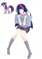 Size: 1080x1511 | Tagged: safe, artist:peace改画互助平台, twilight sparkle, human, g4, female, humanized, pillow, simple background, smiling, solo, white background