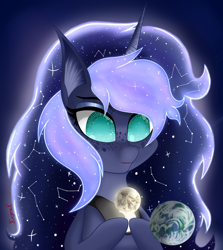 Size: 3780x4240 | Tagged: safe, artist:krymak, princess luna, alicorn, pony, g4, constellation hair, ethereal mane, female, freckles, freckluna, glowing mane, mare, moon, no pupils, solo, starry mane