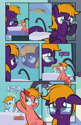 Size: 1920x2948 | Tagged: safe, artist:alexdti, oc, oc only, oc:aqua lux, oc:purple creativity, oc:warm focus, angel, devil, earth pony, pegasus, pony, comic:quest for friendship retold, bathroom, comic, female, glasses, mare, mirror, shoulder angel, shoulder devil, trident, trio, twilight's castle