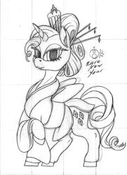 Size: 871x1200 | Tagged: safe, artist:sepiakeys, rarity, pony, g4, clothes, kimono (clothing), monochrome, sketch, solo