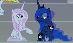 Size: 665x393 | Tagged: safe, screencap, fleur-de-lis, princess luna, alicorn, pony, unicorn, g4, concave belly, duo focus, female, fleur de lune, headcanon, height difference, hoof shoes, jewelry, looking at each other, looking at someone, mare, peytral, raised hoof, sexuality headcanon, shipping, sitting, slender, thin, tiara
