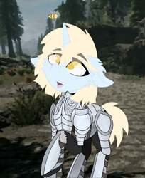 Size: 4396x5396 | Tagged: safe, artist:kotwitz, artist:vinyvitz, derpibooru exclusive, oc, oc only, oc:aria taitava, bee, insect, armor, armored pony, detailed background, ear fluff, eye clipping through hair, eyebrows, floppy ears, fur, happy, leather, leather straps, looking up, open mouth, raised eyebrow, raised hoof, road, scar, short hair, short tail, signature, skyrim, smiling, solo, standing, tail, teeth, the elder scrolls, torn ear, tree