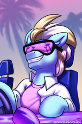 Size: 2000x3000 | Tagged: safe, artist:jedayskayvoker, oc, oc:miami machine, earth pony, pony, bust, clothes, colored sketch, driving, earth pony oc, icon, looking at you, male, not lightning dust, portrait, shirt, sketch, smiling, smiling at you, solo, stallion, sunglasses, t-shirt