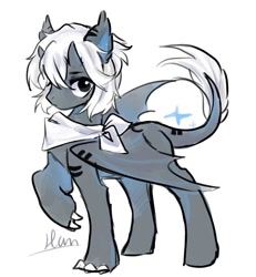 Size: 882x956 | Tagged: artist needed, safe, oc, oc only, oc:棱, hybrid, pony, claws, colored pinnae, ear tufts, folded wings, gray eyes, horns, leonine tail, neckerchief, raised claw, simple background, solo, standing, striped ears, tail, white background, wings