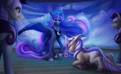 Size: 3000x1831 | Tagged: safe, artist:klarapl, princess luna, oc, oc:lotus cinder, alicorn, kirin, pegasus, fanfic:words of power, armor, cloud, cloven hooves, fanfic art, kirin oc, kneeling, mountain, night guard, night guard armor, pegasus oc, plank, spread wings, window, wings