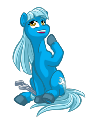 Size: 980x1300 | Tagged: safe, artist:texasuberalles, oc, oc only, oc:bleu cheese, earth pony, pony, 2024 community collab, derpibooru community collaboration, belly, colored hooves, female, looking up, mare, simple background, sitting, solo, transparent background, underhoof, wrench