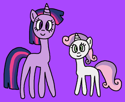 Size: 1141x925 | Tagged: safe, artist:the-rainbow-nigga420, sweetie belle, twilight sparkle, pony, unicorn, series:my little filly: friendship is magic, g4, 1000 hours in ms paint, adult blank flank, background pony, cute, diasweetes, duo, female, filly, foal, mare, missing cutie mark, ms paint, paint.net, purple background, simple background, smiling, twiabetes, unicorn twilight