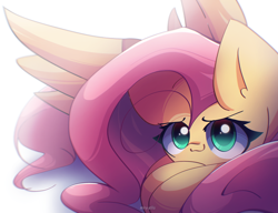 Size: 2600x2000 | Tagged: safe, artist:miryelis, fluttershy, pegasus, pony, g4, big ears, big eyes, cute, female, looking at you, mare, shyabetes, simple background, smiling, solo, white background, wings