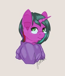 Size: 3500x3000 | Tagged: safe, artist:lunayourlife, oc, oc only, pony, unicorn, g4, clothes, female, glasses, green eyes, green hair, high res, hoodie, looking at you, mare, simple background