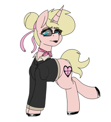 Size: 2000x2200 | Tagged: safe, artist:coatieyay, oc, oc only, oc:deady, unicorn, clothes, hair bun, makeup, simple background, suit, sunglasses, transparent background