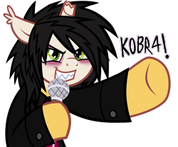 Size: 2470x2050 | Tagged: safe, artist:k0br4, bat pony, bat pony unicorn, hybrid, pony, unicorn, broken horn, clothes, ear fluff, emo, gerard way, horn, makeup, male, messy mane, microphone, my chemical romance, ponified, show accurate, simple background, singing, smiling, solo, stallion, three cheers for sweet revenge, transparent background