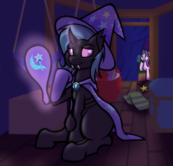 Size: 1180x1128 | Tagged: safe, artist:its-filly-silly, starlight glimmer, trixie, changeling, unicorn, g4, cape, caught, changelingified, clothes, cute, cute little fangs, duo, duo female, fangs, female, hat, mirror, solo focus, species swap, trixie's cape, trixie's hat, trixieling