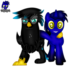 Size: 4608x4154 | Tagged: safe, artist:damlanil, oc, oc only, oc:damlanil, oc:nightlight aura, griffon, pony, unicorn, 2024 community collab, derpibooru community collaboration, arm on shoulder, commission, duo, female, griffonized, horn, looking at you, male, open mouth, open smile, raised hoof, show accurate, simple background, smiling, species swap, stallion, transparent background, vector, wings