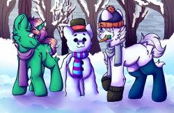 Size: 1680x1094 | Tagged: safe, artist:black_marker, oc, earth pony, unicorn, carrot, clothes, commission, duo, duo male, earth pony oc, food, forest, hat, horn, male, mittens, nature, scarf, snow, snowpony, socks, tree, unicorn oc, winter, winter outfit, ych result