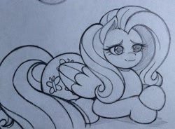 Size: 2048x1505 | Tagged: safe, artist:artmorheart, fluttershy, g4, full body, large butt, shy, smiling, traditional art