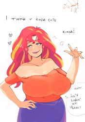 Size: 1400x2000 | Tagged: safe, artist:sozglitch, sunset shimmer, human, g4, bare shoulders, big breasts, blush lines, blushing, breasts, busty sunset shimmer, dialogue, female, floating heart, hand on hip, heart, huge breasts, humanized, open mouth, open smile, simple background, smiling, solo, sweat, sweatdrop, talking to viewer, thought bubble, white background