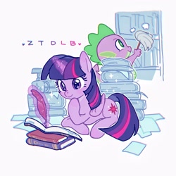 Size: 3000x3000 | Tagged: safe, artist:ztdlb, artist:zzhangtuideluobu, spike, twilight sparkle, alicorn, dragon, pony, g4, book, cleaning, cute, duo, dust, duster, female, male, mare, paper, quill, reading, simple background, that pony sure does love books, twiabetes, twilight sparkle (alicorn), white background, writing